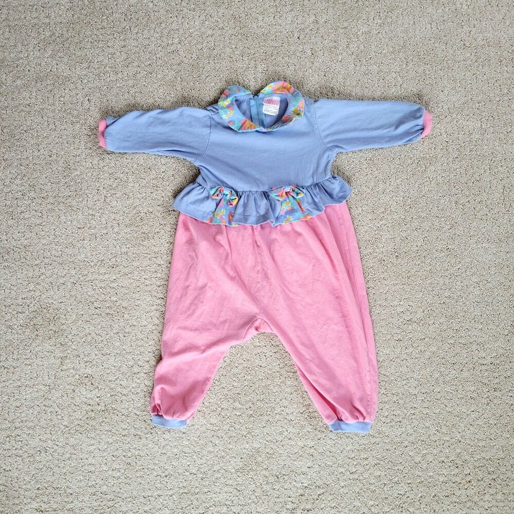 Vintage Polly Flinders Girls 24M Pink Purple Y2K 90s Retro Bubble Ruffle Romper